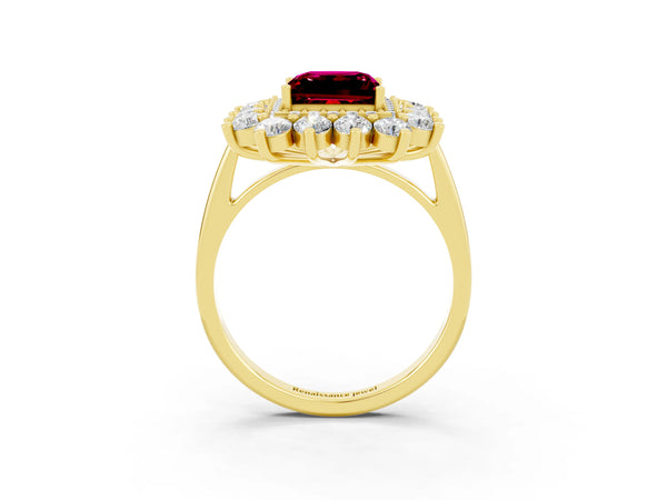 Yellow gold Princess Cut Garnet Floral Double Halo Engagement Ring with Prong Setting