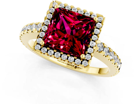 Yellow gold Princess Cut Garnet Halo Engagement Ring with Pavé Band and Prong Setting_13