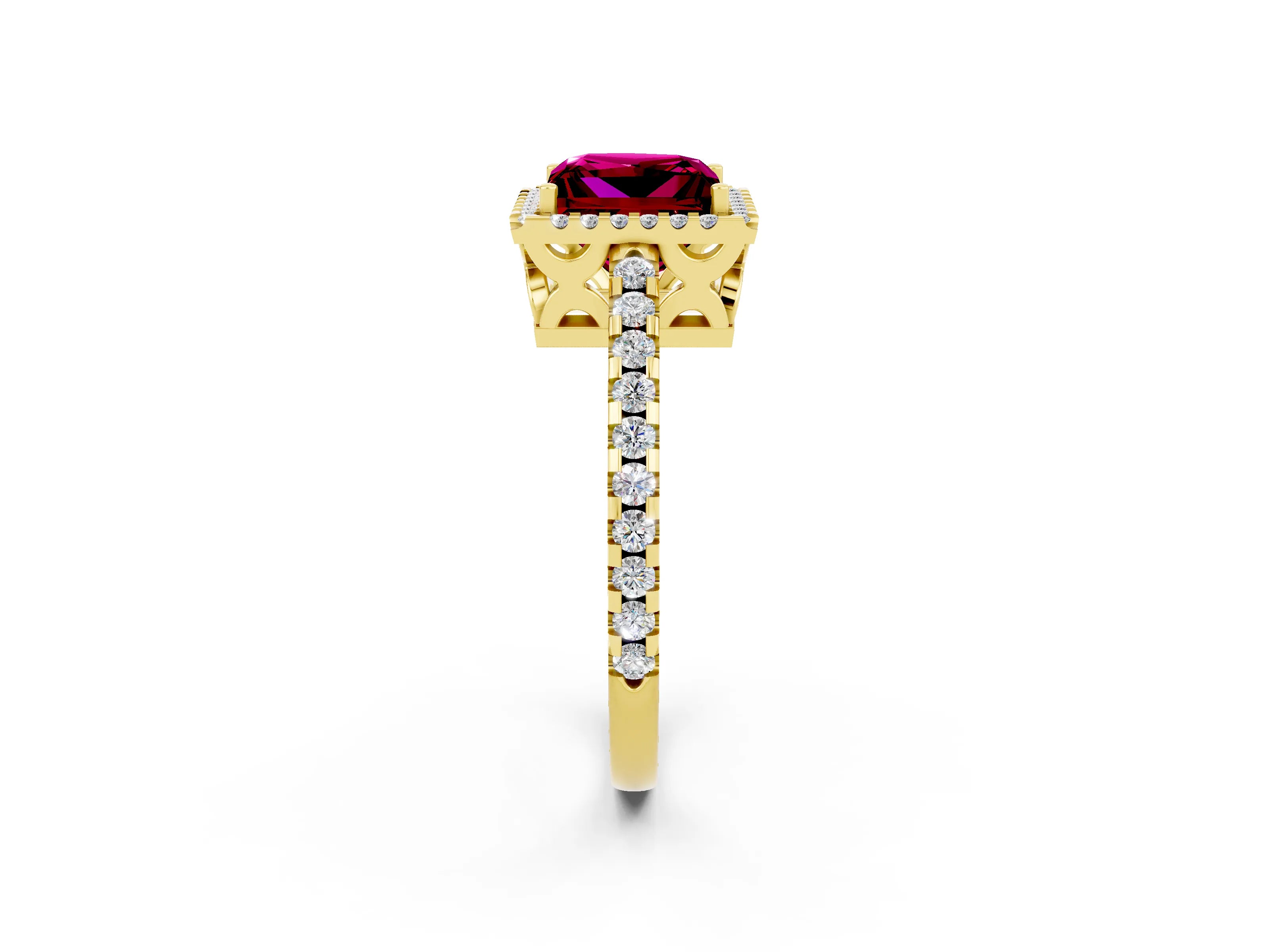 Yellow gold Princess Cut Garnet Halo Engagement Ring with Pavé Band and Prong Setting_14