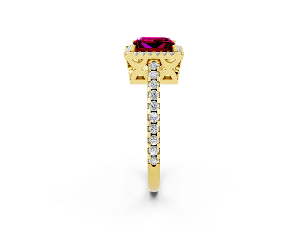 Yellow gold Princess Cut Garnet Halo Engagement Ring with Pavé Band and Prong Setting