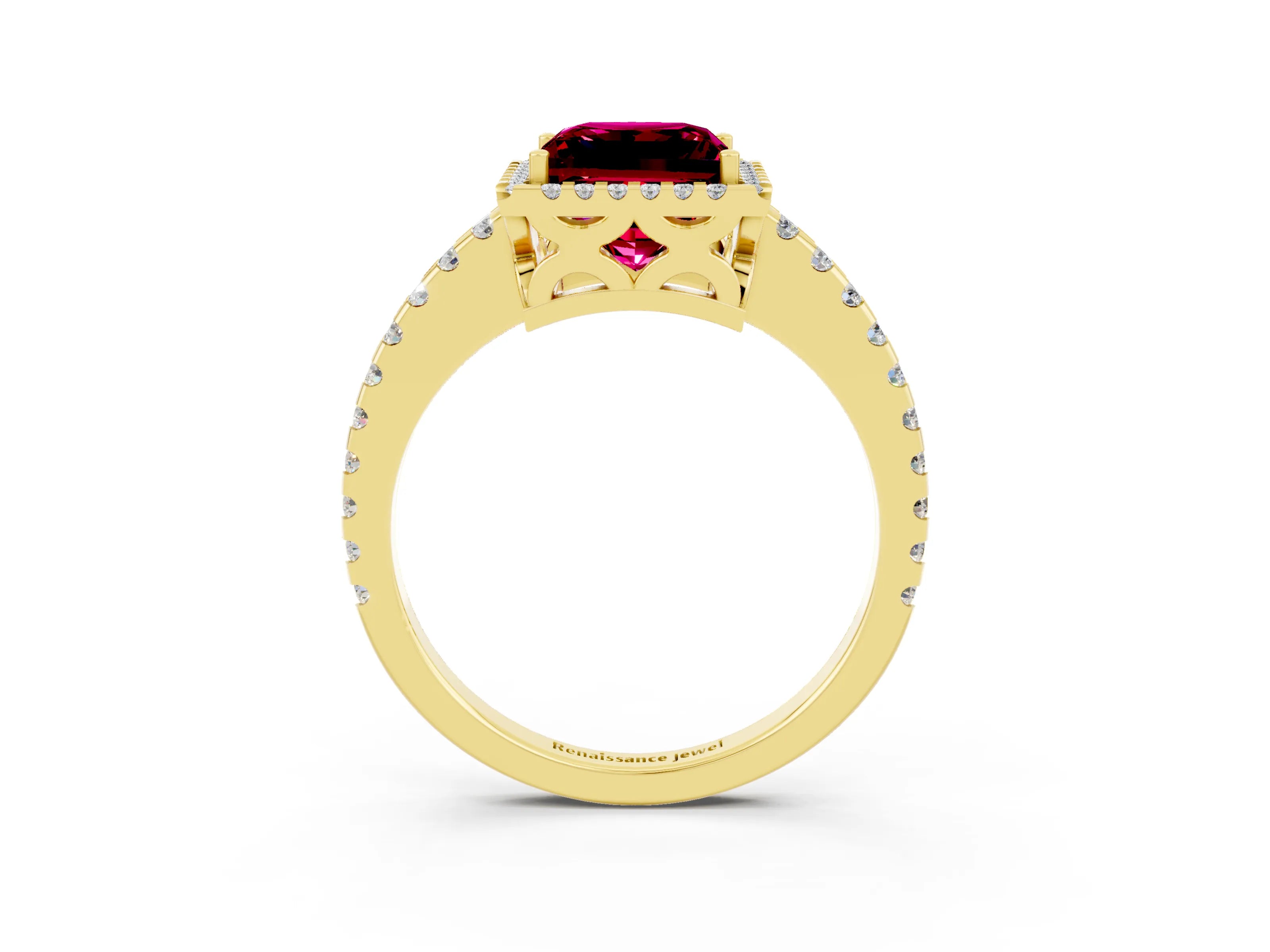 Yellow gold Princess Cut Garnet Halo Engagement Ring with Pavé Band and Prong Setting_15