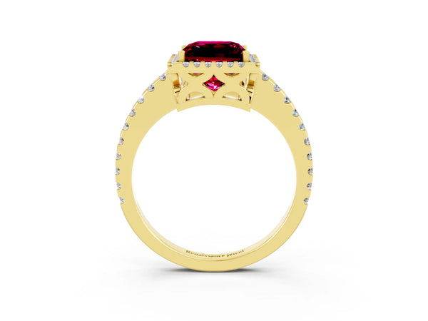 Yellow gold Princess Cut Garnet Halo Engagement Ring with Pavé Band and Prong Setting