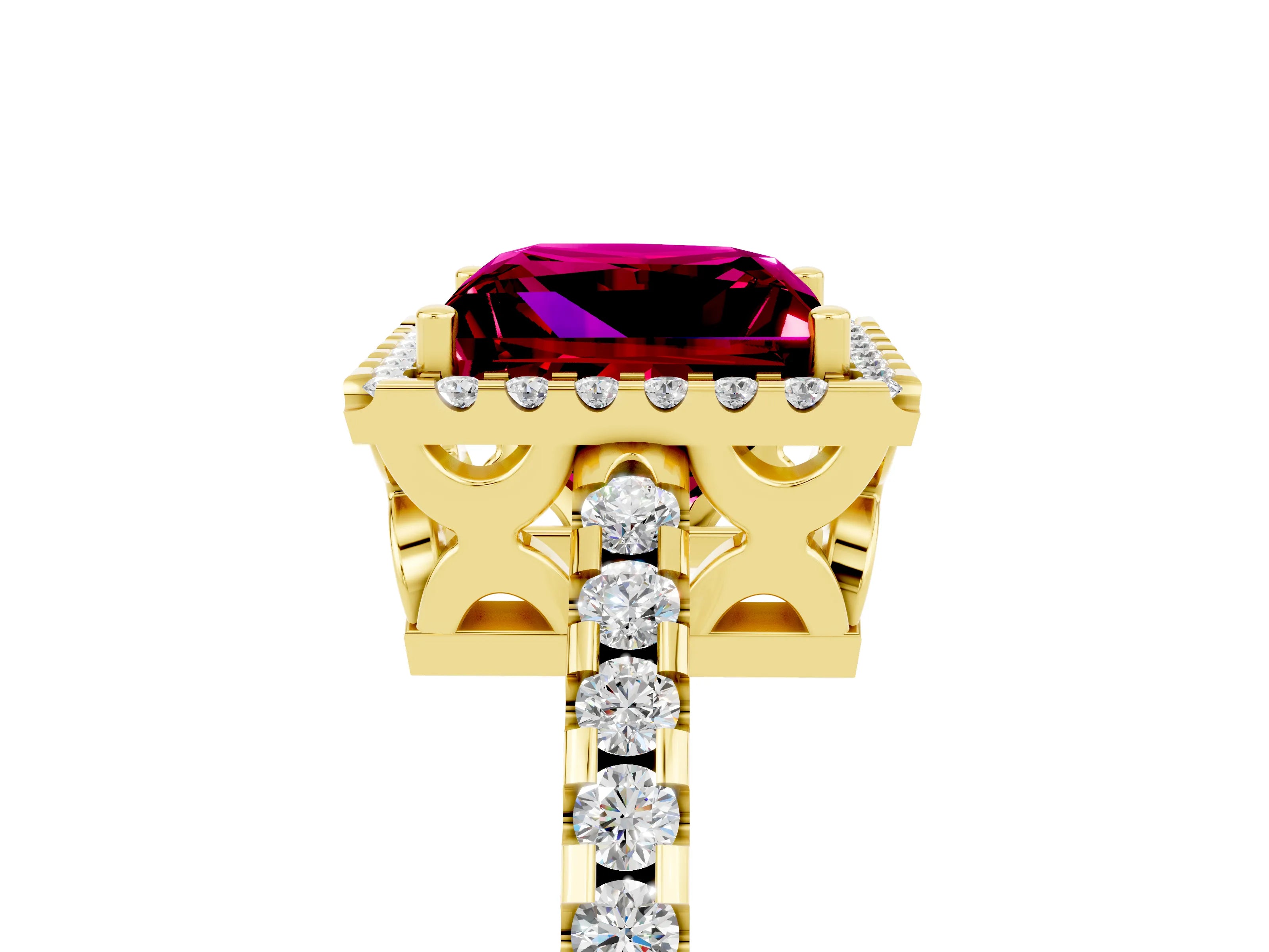 Yellow gold Princess Cut Garnet Halo Engagement Ring with Pavé Band and Prong Setting_17