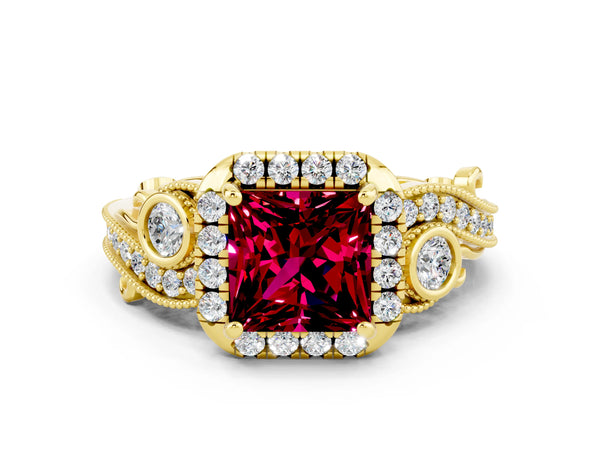 Yellow gold Princess Cut Garnet Halo Ring with Milgrain Pavé Band and Four-Prong Setting