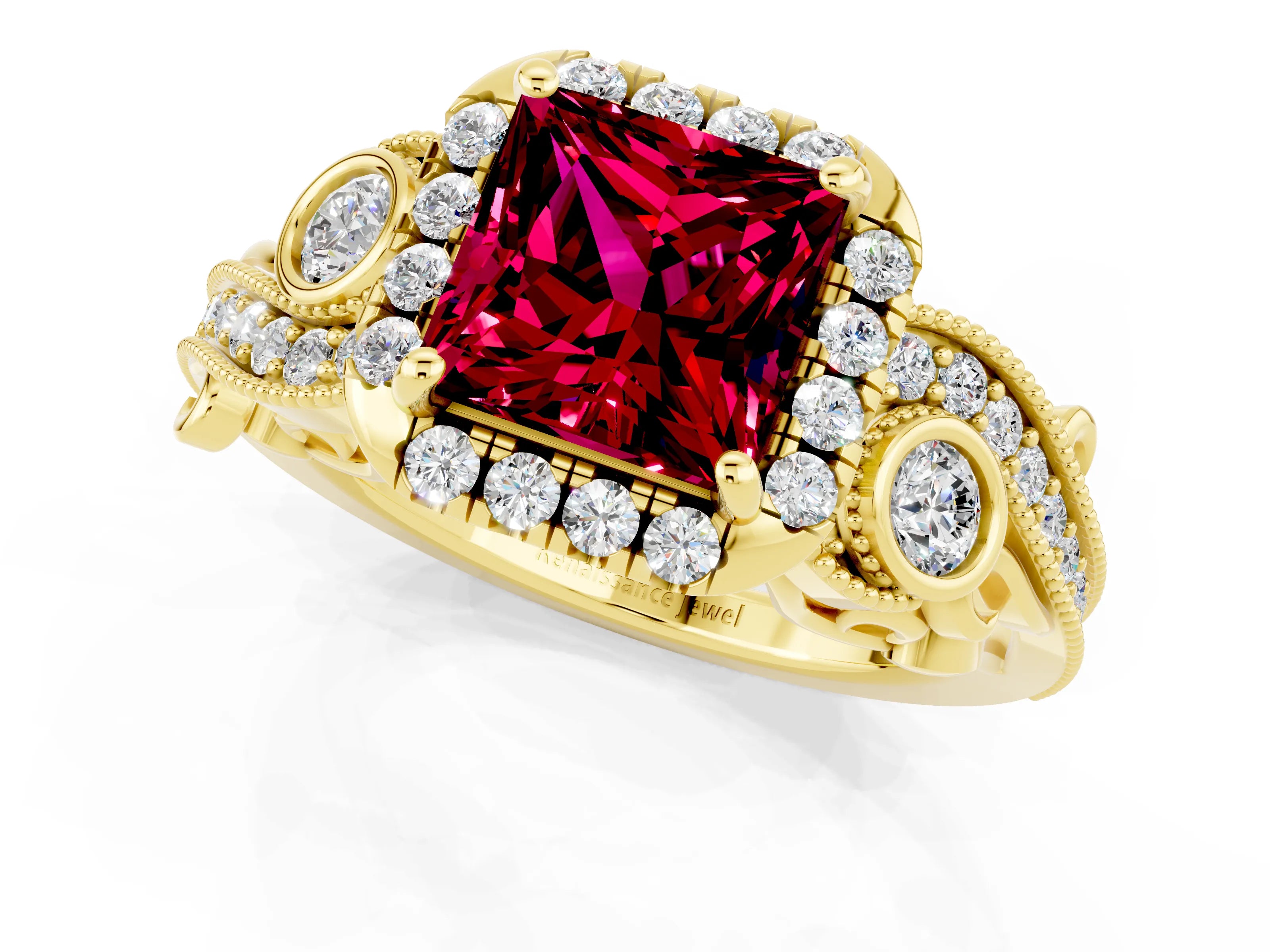 Yellow gold Princess Cut Garnet Halo Ring with Milgrain Pavé Band and Four-Prong Setting_49