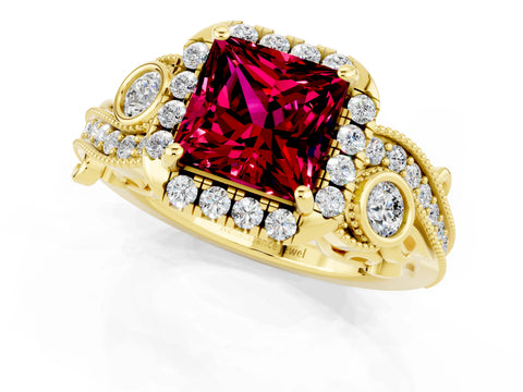 Yellow gold Princess Cut Garnet Halo Ring with Milgrain Pavé Band and Four-Prong Setting_49