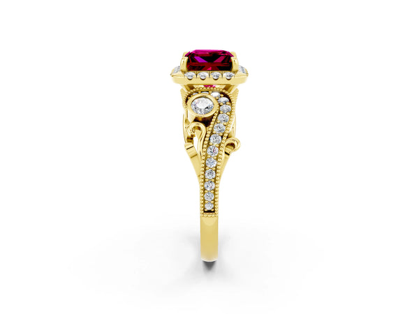 Yellow gold Princess Cut Garnet Halo Ring with Milgrain Pavé Band and Four-Prong Setting