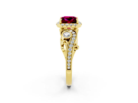 Yellow gold Princess Cut Garnet Halo Ring with Milgrain Pavé Band and Four-Prong Setting_50