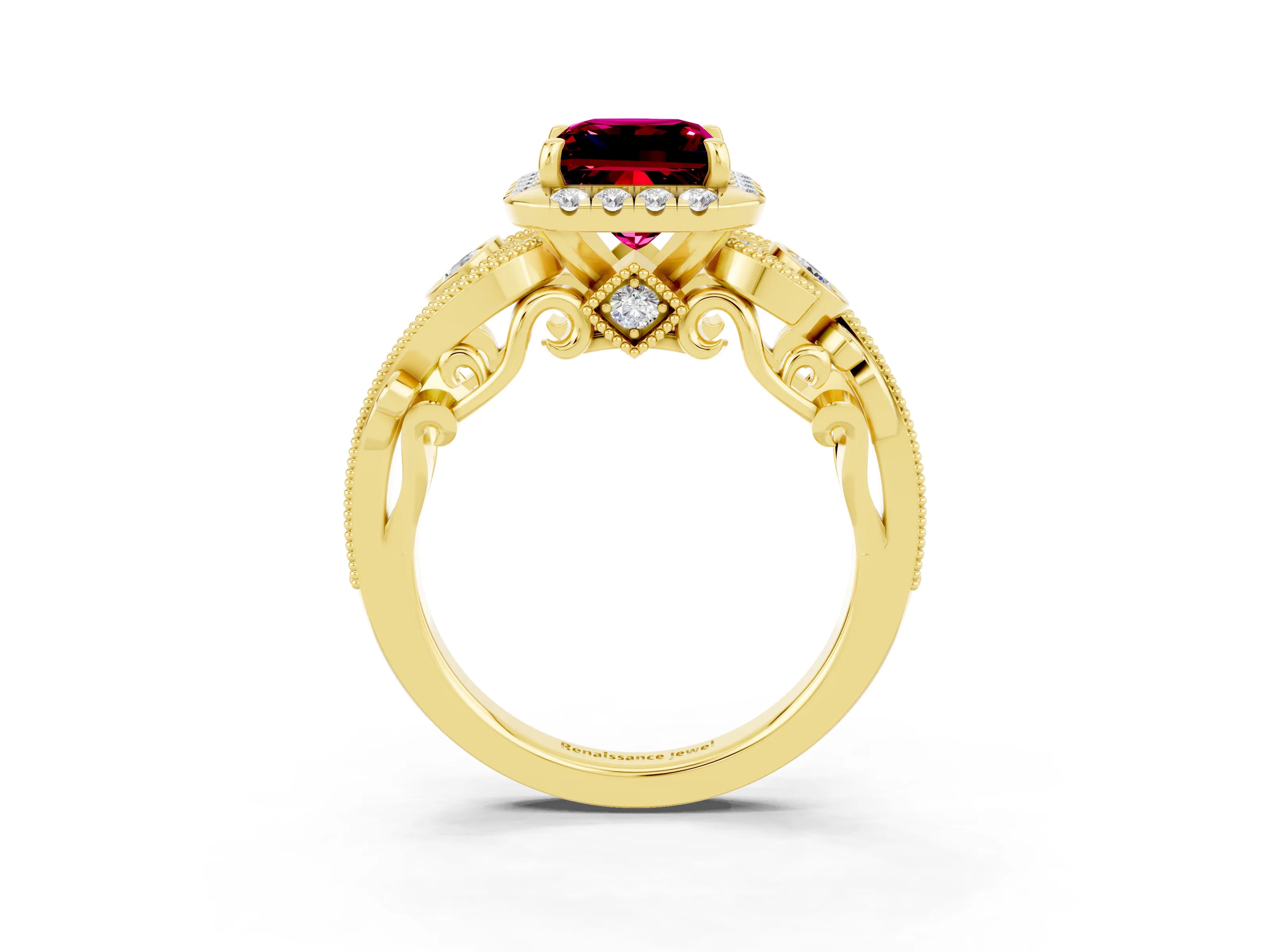 Yellow gold Princess Cut Garnet Halo Ring with Milgrain Pavé Band and Four-Prong Setting_51