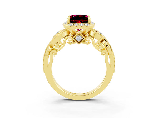 Yellow gold Princess Cut Garnet Halo Ring with Milgrain Pavé Band and Four-Prong Setting