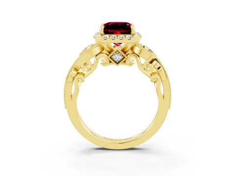 Yellow gold Princess Cut Garnet Halo Ring with Milgrain Pavé Band and Four-Prong Setting_51