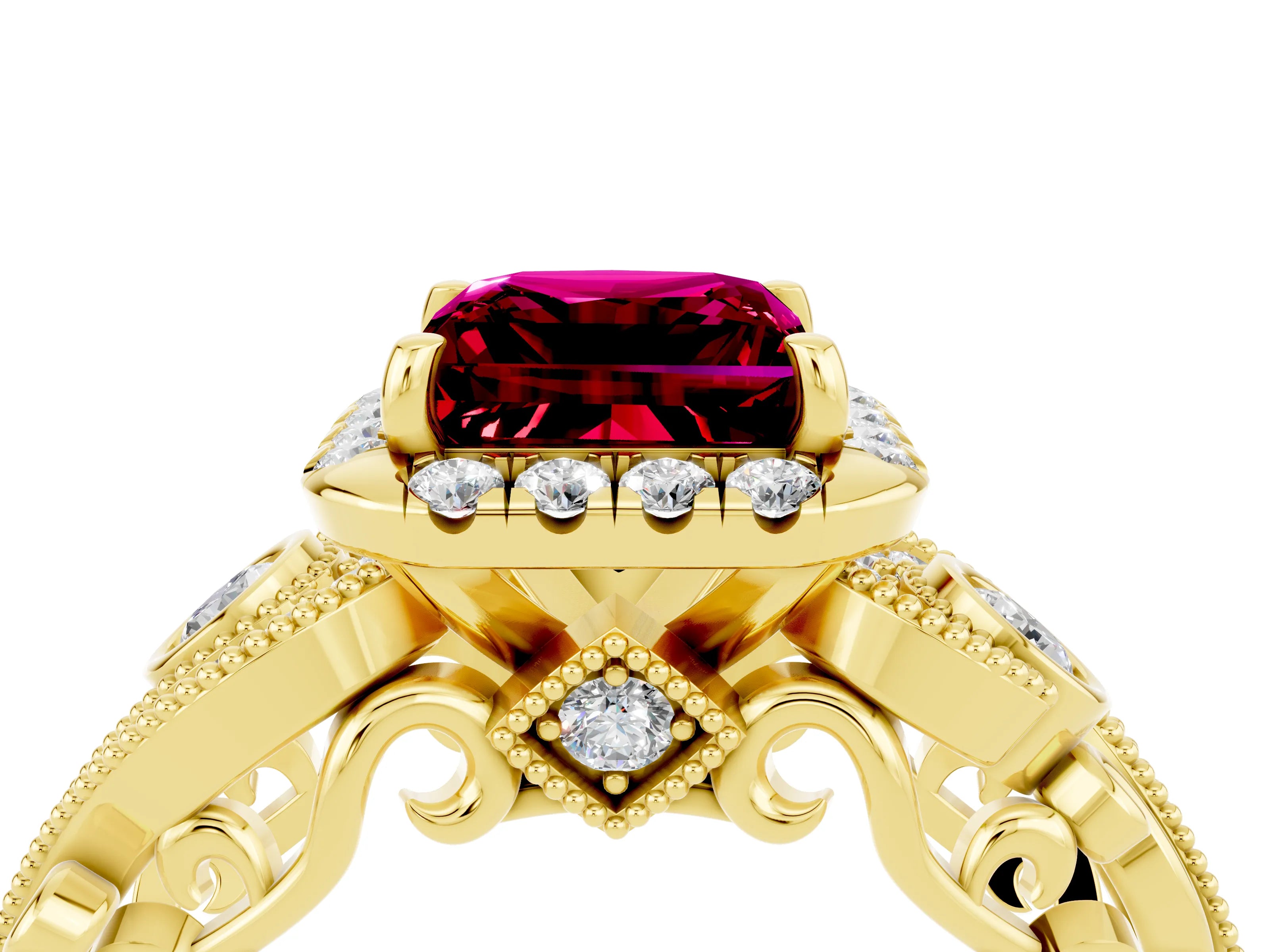 Yellow gold Princess Cut Garnet Halo Ring with Milgrain Pavé Band and Four-Prong Setting_52