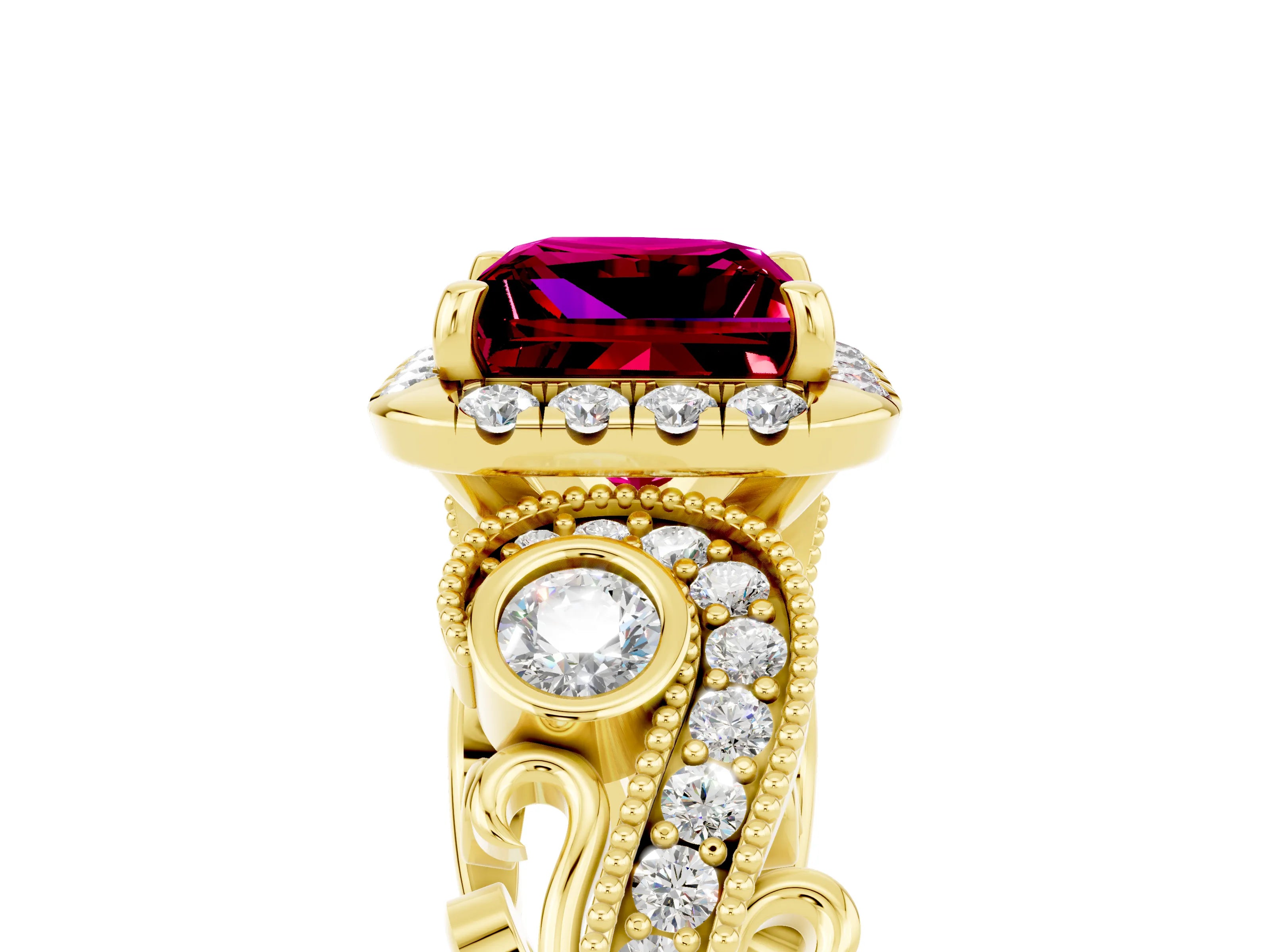 Yellow gold Princess Cut Garnet Halo Ring with Milgrain Pavé Band and Four-Prong Setting_53