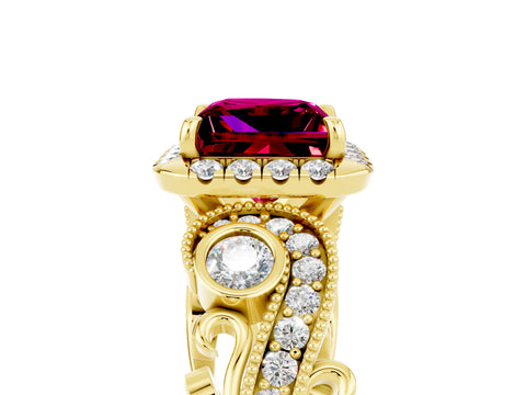 Yellow gold Princess Cut Garnet Halo Ring with Milgrain Pavé Band and Four-Prong Setting_53