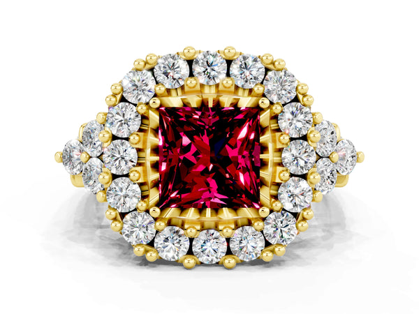 Yellow gold Princess Cut Garnet Halo Ring with Pavé Band and Four-Prong Setting