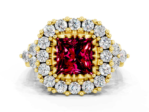 Yellow gold Princess Cut Garnet Halo Ring with Pavé Band and Four-Prong Setting_12