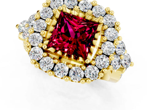 Yellow gold Princess Cut Garnet Halo Ring with Pavé Band and Four-Prong Setting_13