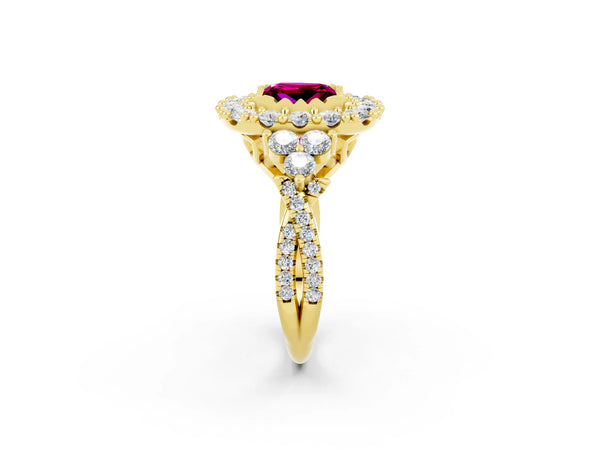 Yellow gold Princess Cut Garnet Halo Ring with Pavé Band and Four-Prong Setting