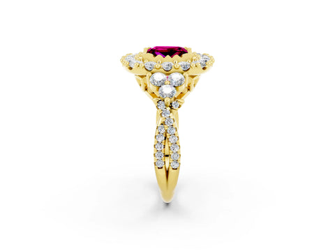 Yellow gold Princess Cut Garnet Halo Ring with Pavé Band and Four-Prong Setting_14