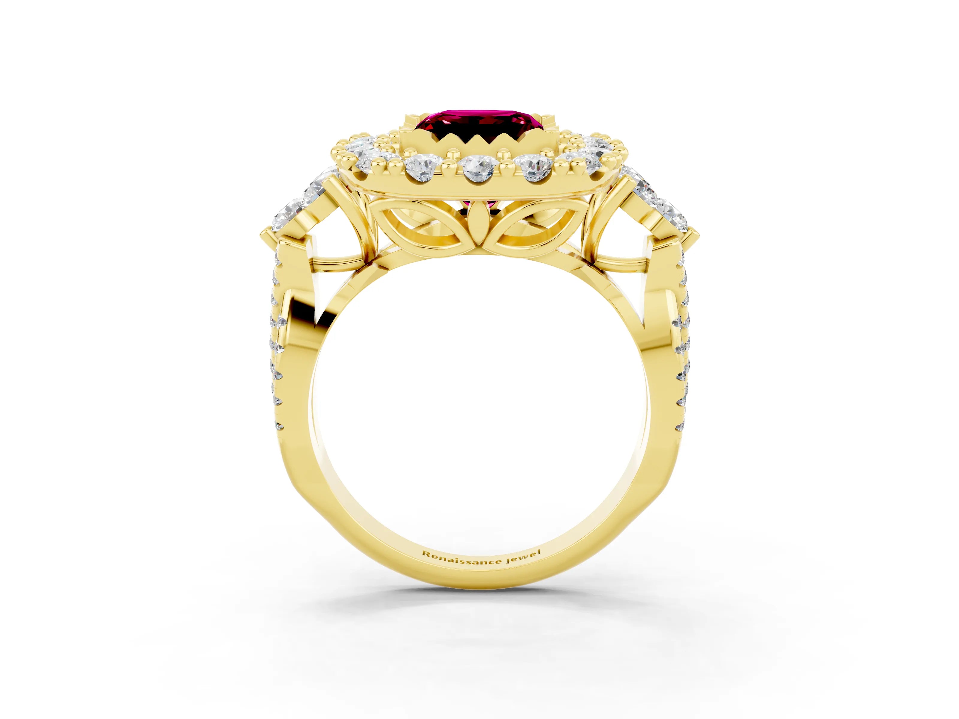 Yellow gold Princess Cut Garnet Halo Ring with Pavé Band and Four-Prong Setting_15