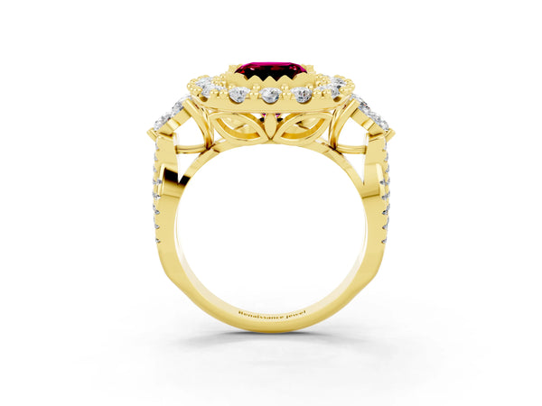 Yellow gold Princess Cut Garnet Halo Ring with Pavé Band and Four-Prong Setting