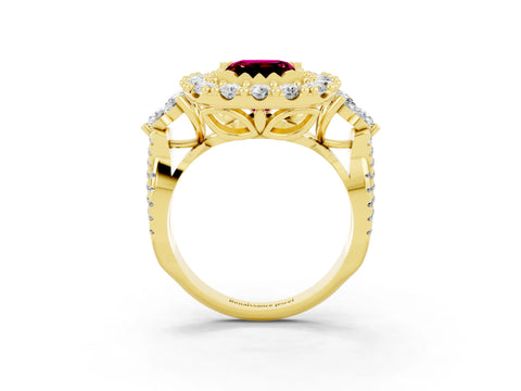 Yellow gold Princess Cut Garnet Halo Ring with Pavé Band and Four-Prong Setting_15