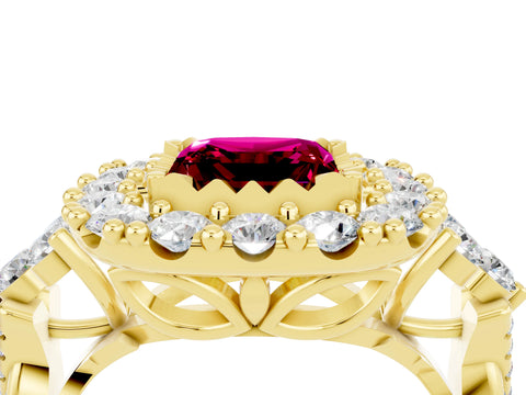Yellow gold Princess Cut Garnet Halo Ring with Pavé Band and Four-Prong Setting_16