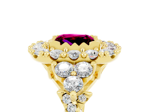 Yellow gold Princess Cut Garnet Halo Ring with Pavé Band and Four-Prong Setting_17