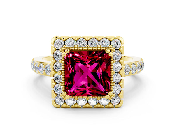 Yellow gold Princess Cut Garnet Halo Ring with Pavé Band and Prong Setting