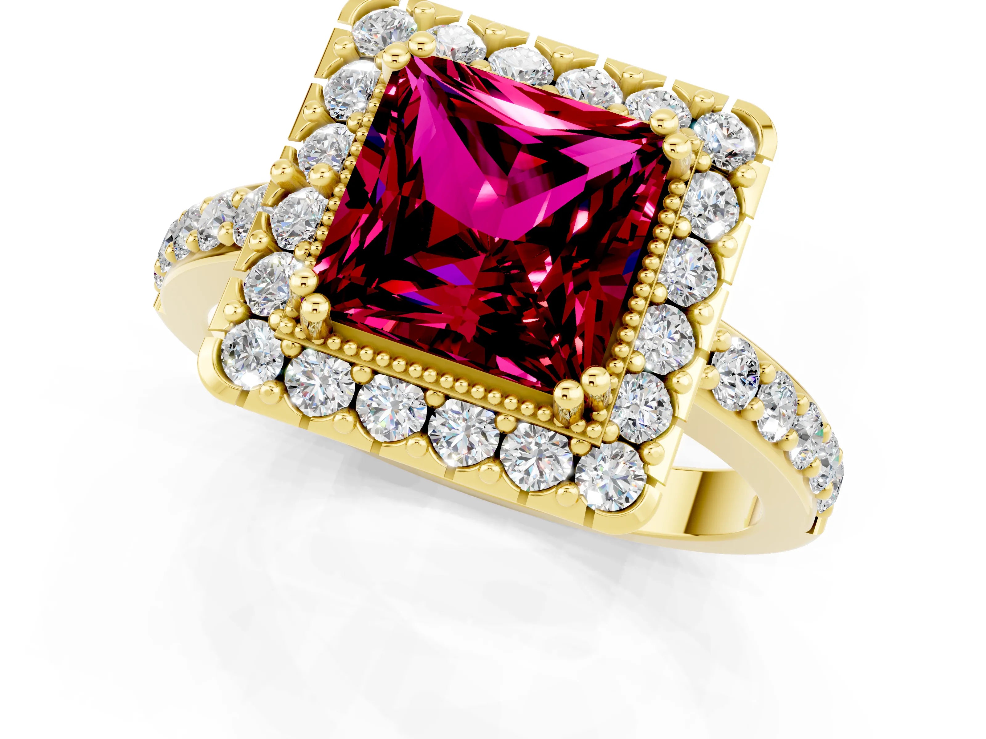 Yellow gold Princess Cut Garnet Halo Ring with Pavé Band and Prong Setting_1