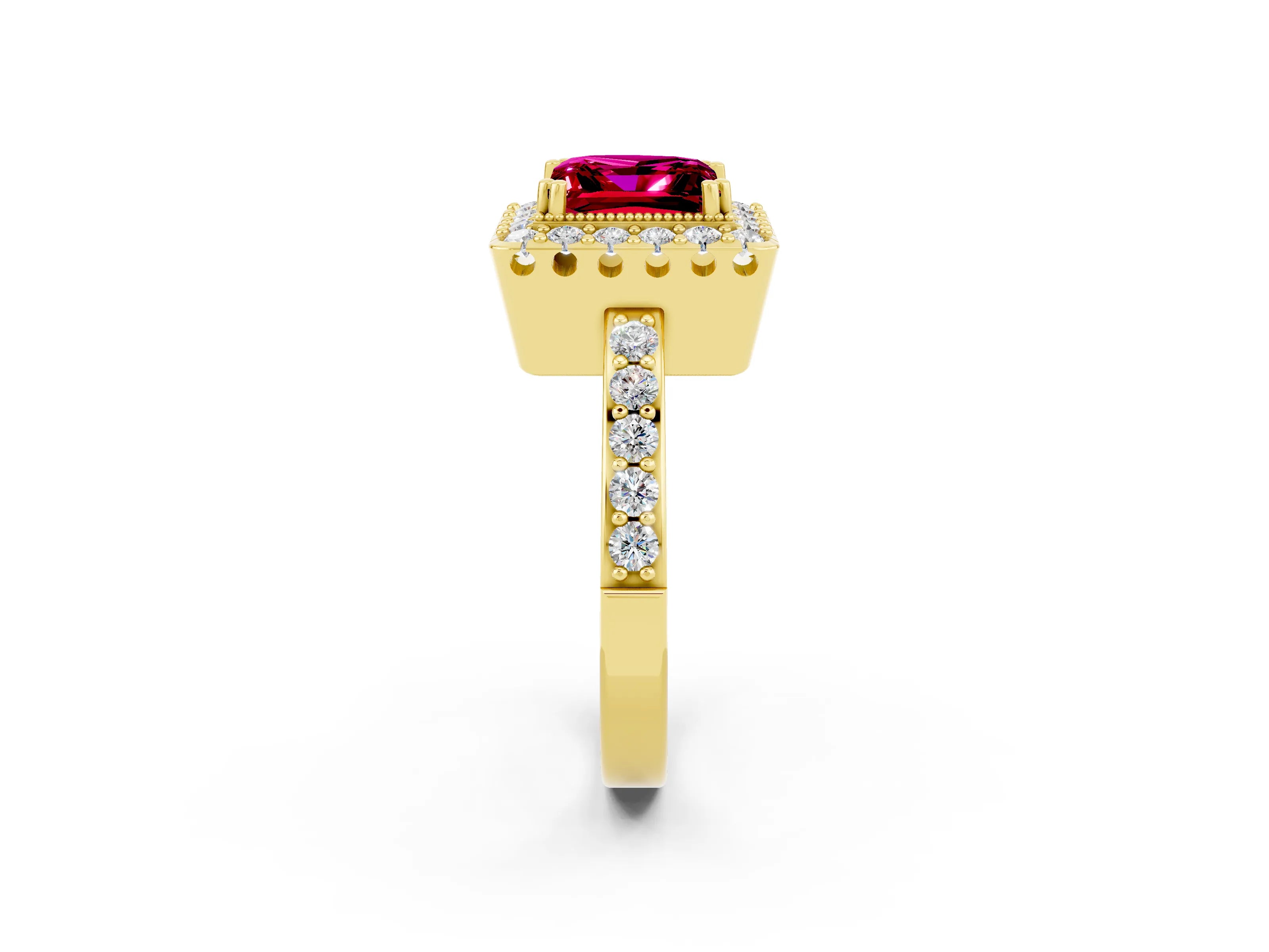 Yellow gold Princess Cut Garnet Halo Ring with Pavé Band and Prong Setting_2
