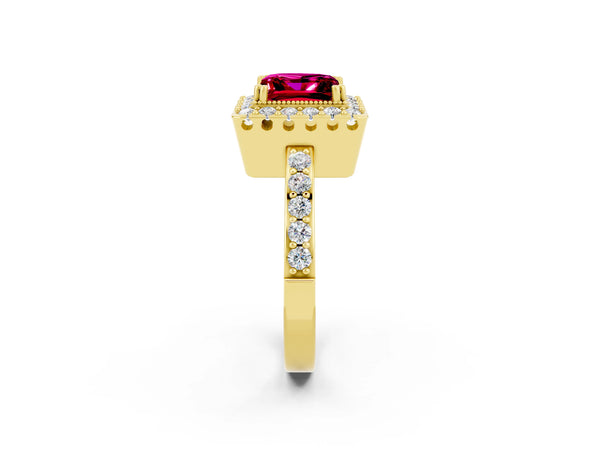 Yellow gold Princess Cut Garnet Halo Ring with Pavé Band and Prong Setting