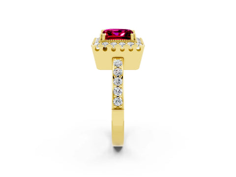 Yellow gold Princess Cut Garnet Halo Ring with Pavé Band and Prong Setting_2