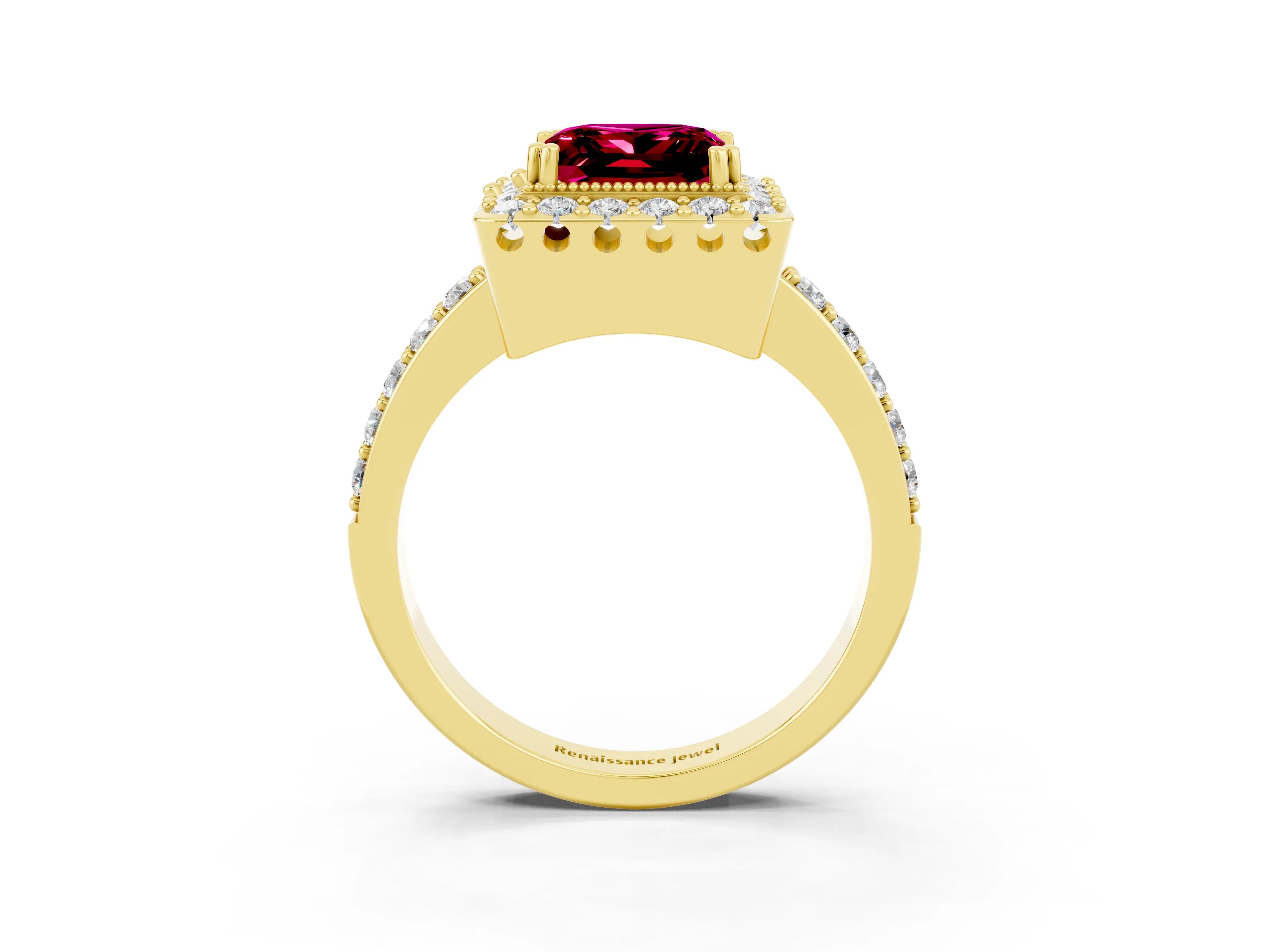 Yellow gold Princess Cut Garnet Halo Ring with Pavé Band and Prong Setting_3