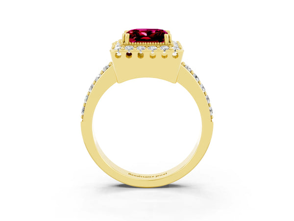 Yellow gold Princess Cut Garnet Halo Ring with Pavé Band and Prong Setting