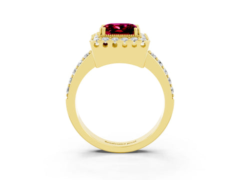 Yellow gold Princess Cut Garnet Halo Ring with Pavé Band and Prong Setting_3