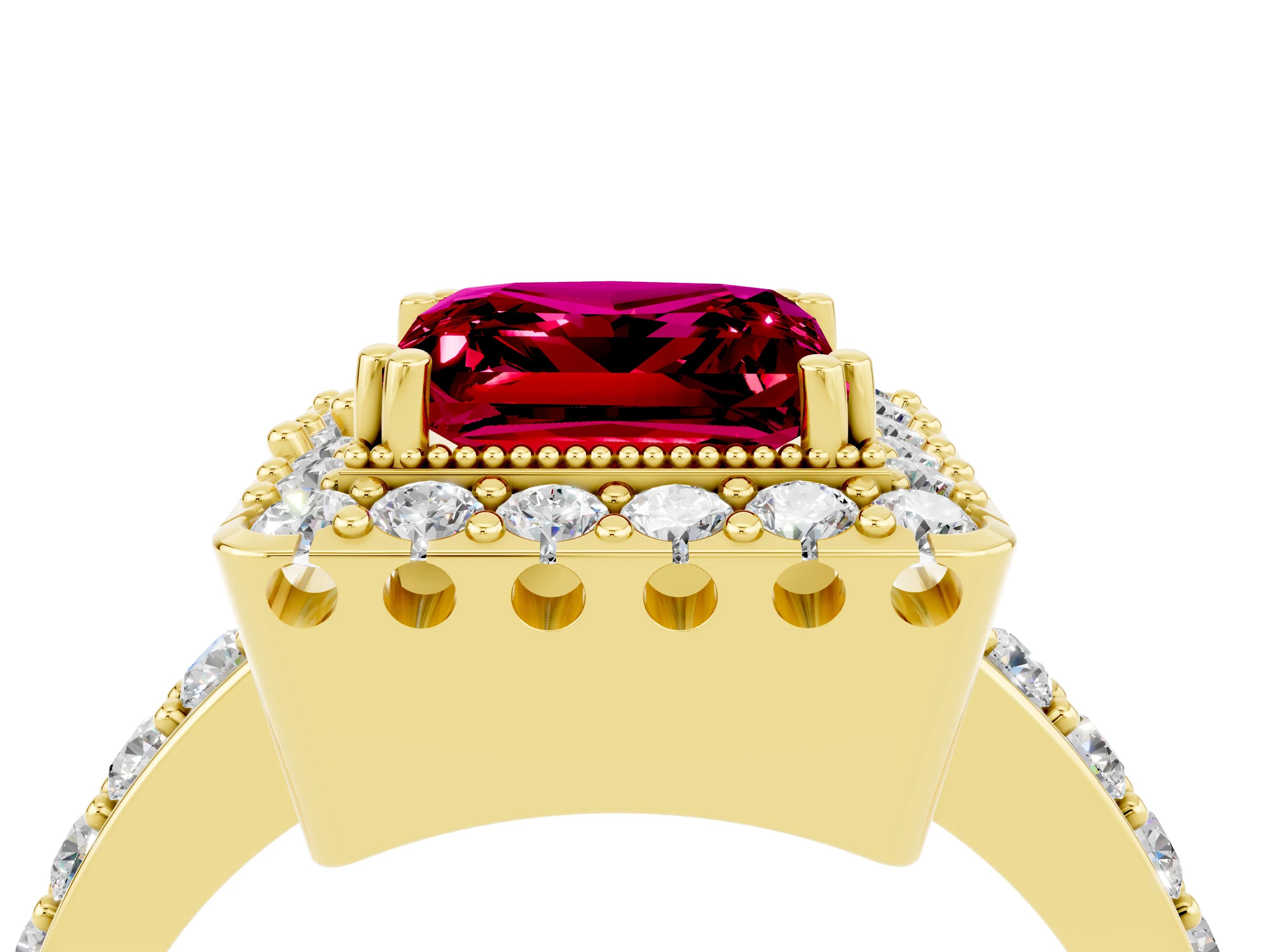 Yellow gold Princess Cut Garnet Halo Ring with Pavé Band and Prong Setting_4