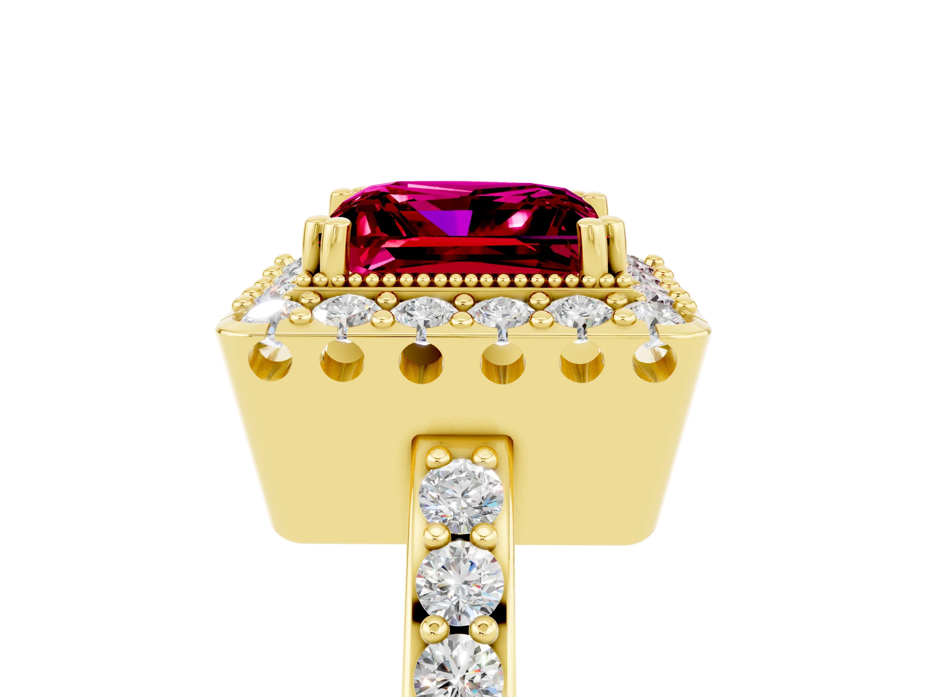 Yellow gold Princess Cut Garnet Halo Ring with Pavé Band and Prong Setting_5