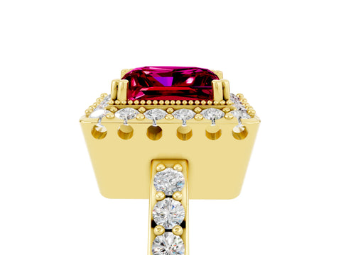 Yellow gold Princess Cut Garnet Halo Ring with Pavé Band and Prong Setting_5