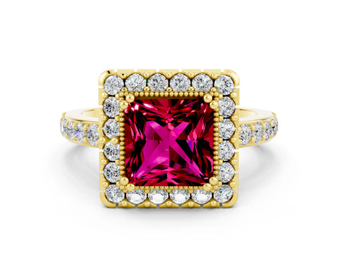 Yellow gold Princess Cut Garnet Halo Ring with Pavé Band and Prong Setting