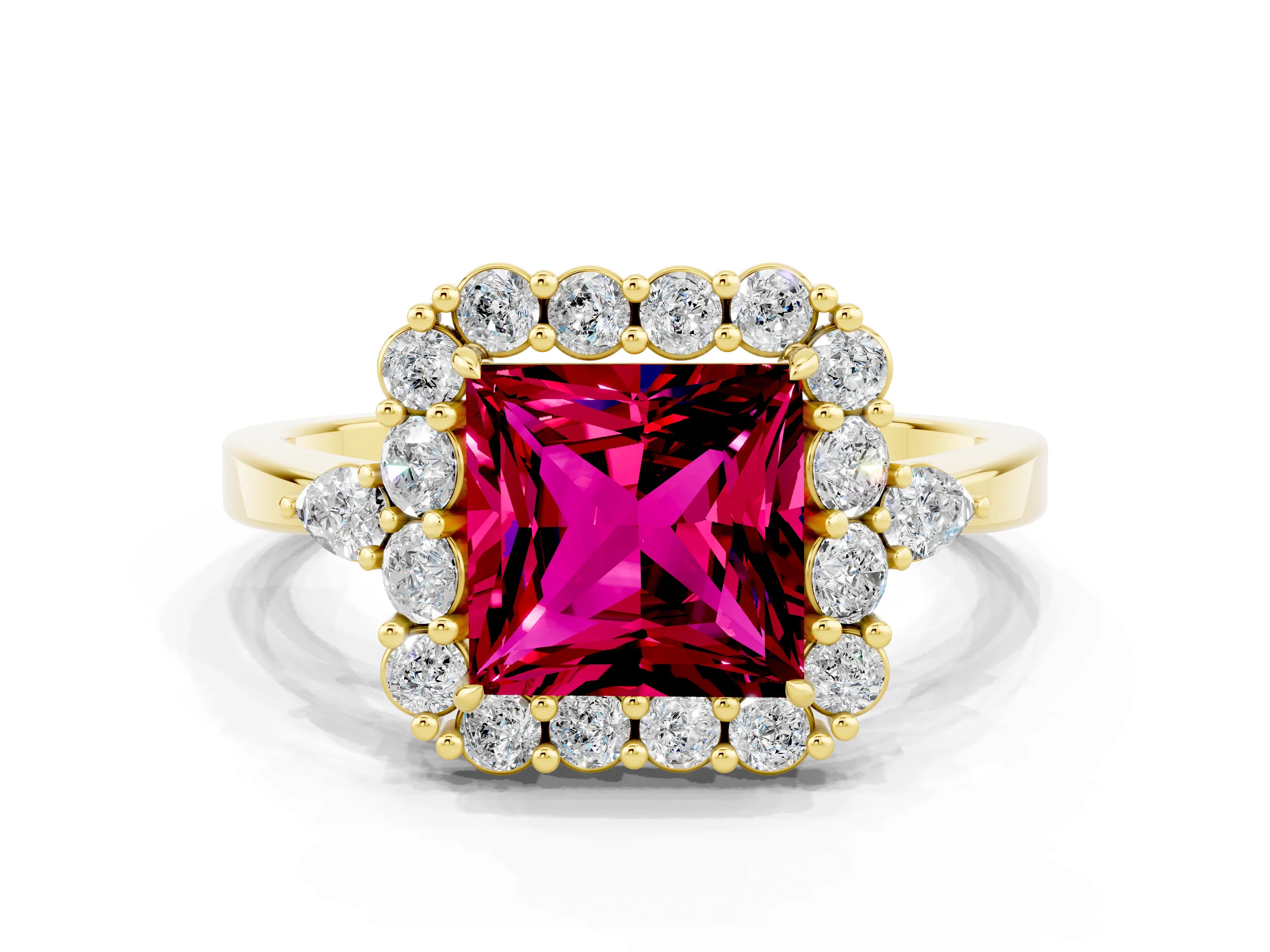 Yellow gold Princess Cut Garnet Halo Ring with Pear Side Stones and Prong Setting_12