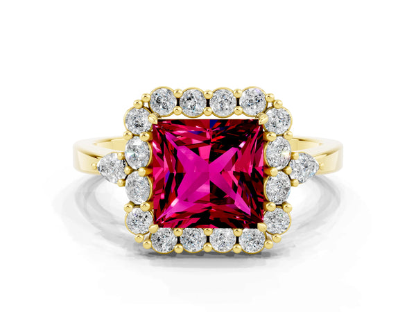 Yellow gold Princess Cut Garnet Halo Ring with Pear Side Stones and Prong Setting