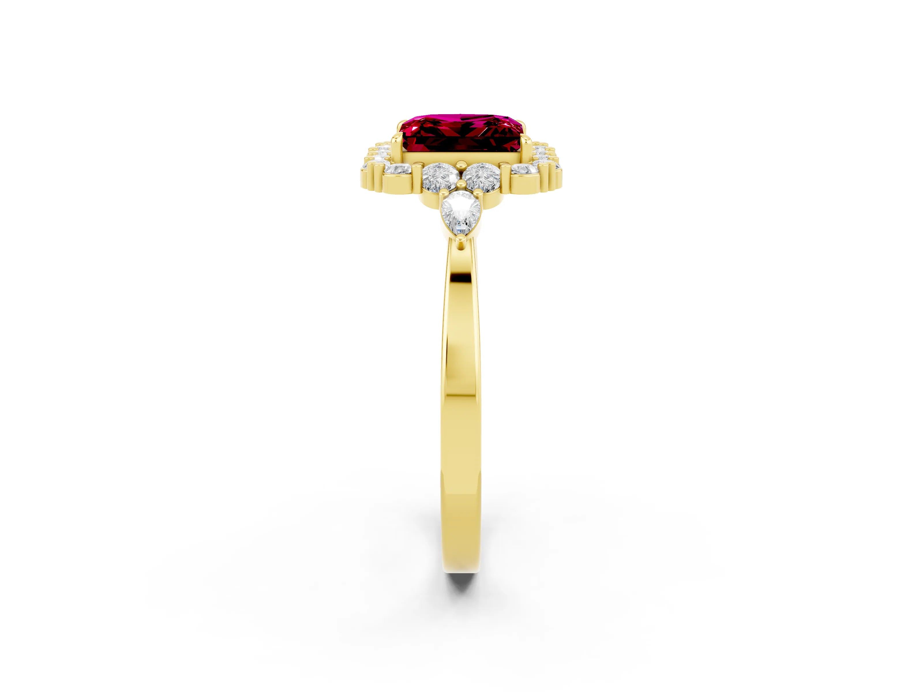 Yellow gold Princess Cut Garnet Halo Ring with Pear Side Stones and Prong Setting_14
