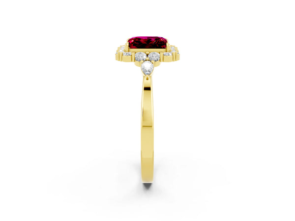 Yellow gold Princess Cut Garnet Halo Ring with Pear Side Stones and Prong Setting