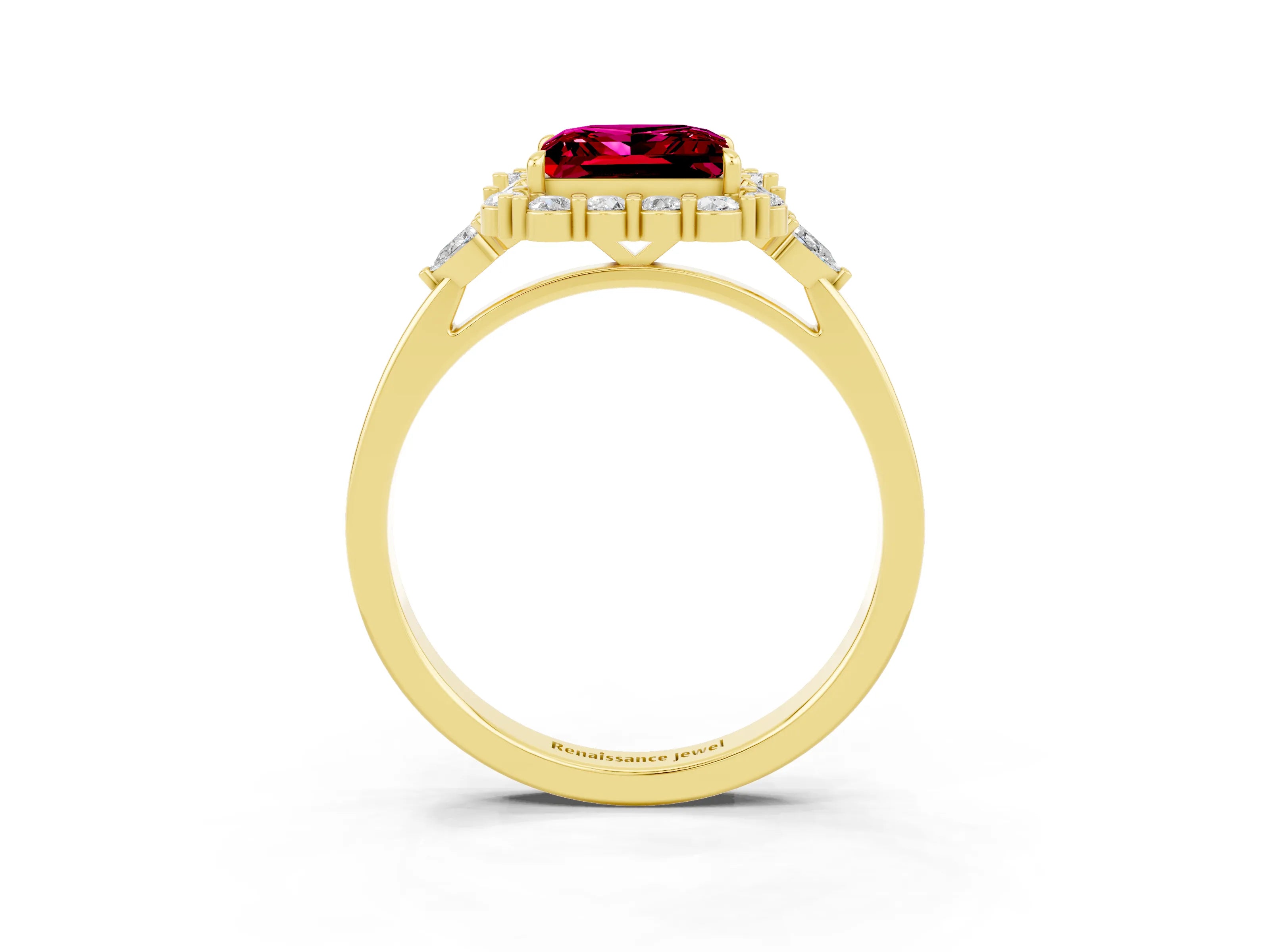 Yellow gold Princess Cut Garnet Halo Ring with Pear Side Stones and Prong Setting_15