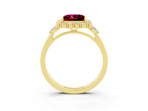 Yellow gold Princess Cut Garnet Halo Ring with Pear Side Stones and Prong Setting_15