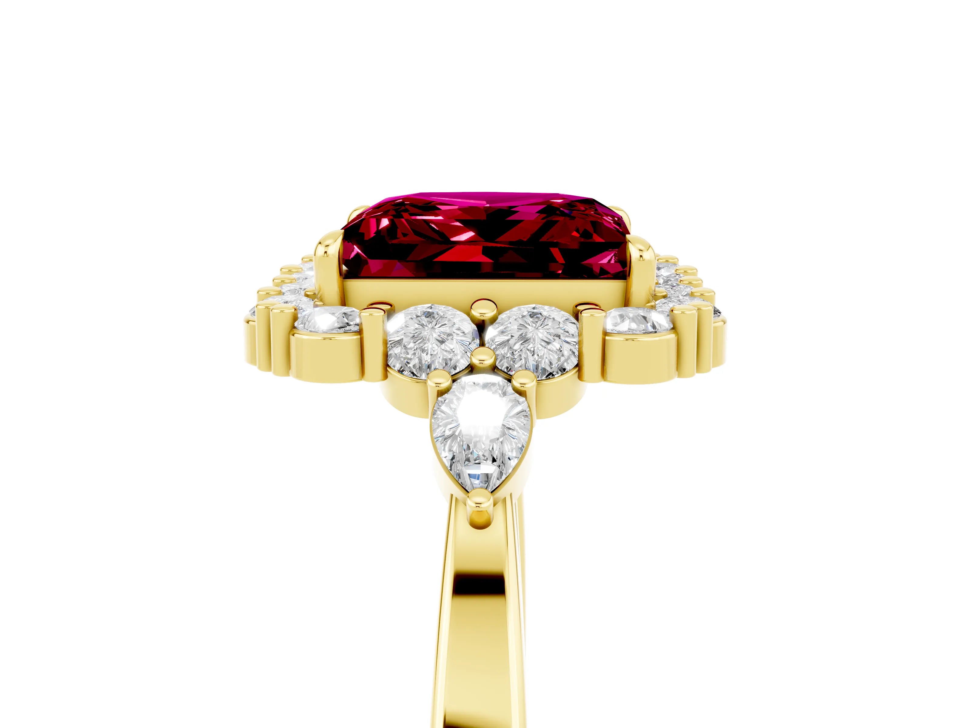 Yellow gold Princess Cut Garnet Halo Ring with Pear Side Stones and Prong Setting_17
