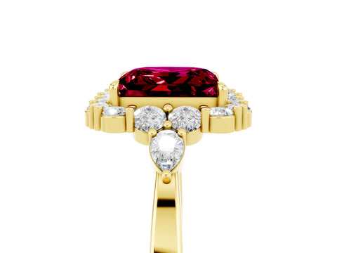 Yellow gold Princess Cut Garnet Halo Ring with Pear Side Stones and Prong Setting_17