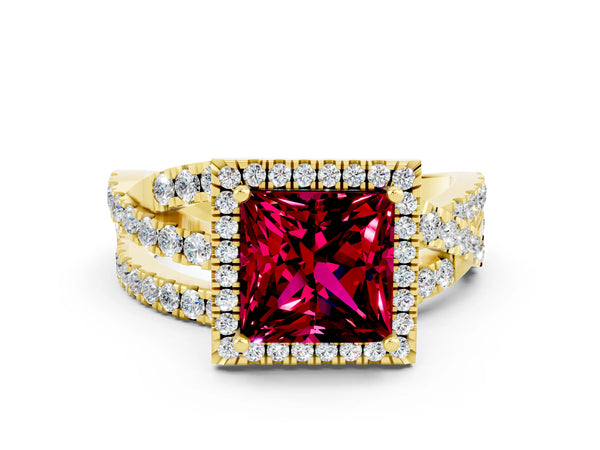 Yellow gold Princess Cut Garnet Halo Ring with Round Split Shank and Prong Setting