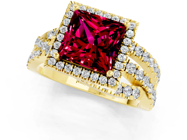 Yellow gold Princess Cut Garnet Halo Ring with Round Split Shank and Prong Setting